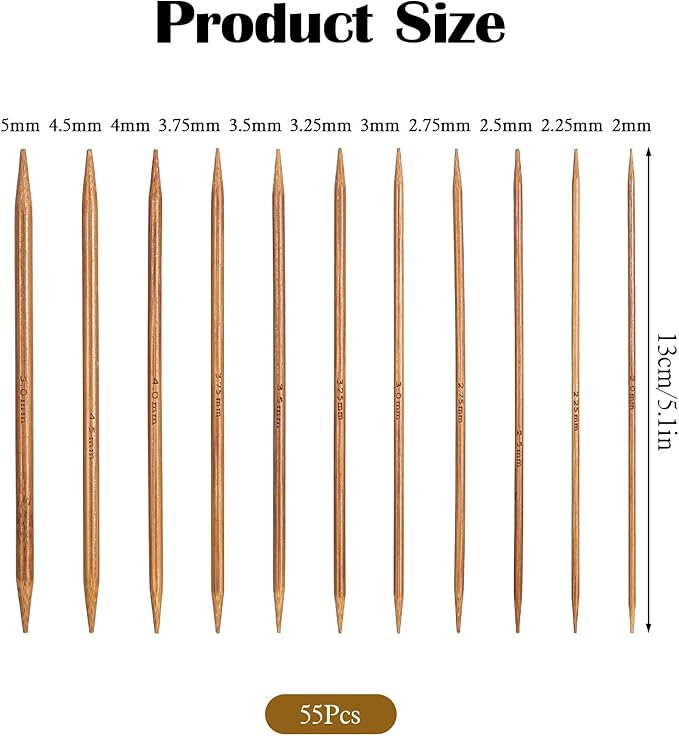 55 Pcs Double Pointed Knitting Needles Set, Bamboo Knitting Needles in 11 Sizes 13cm/5.1in Double Pointed Needle for Beginners,Making Sweater,Scarf,Sock,Weave