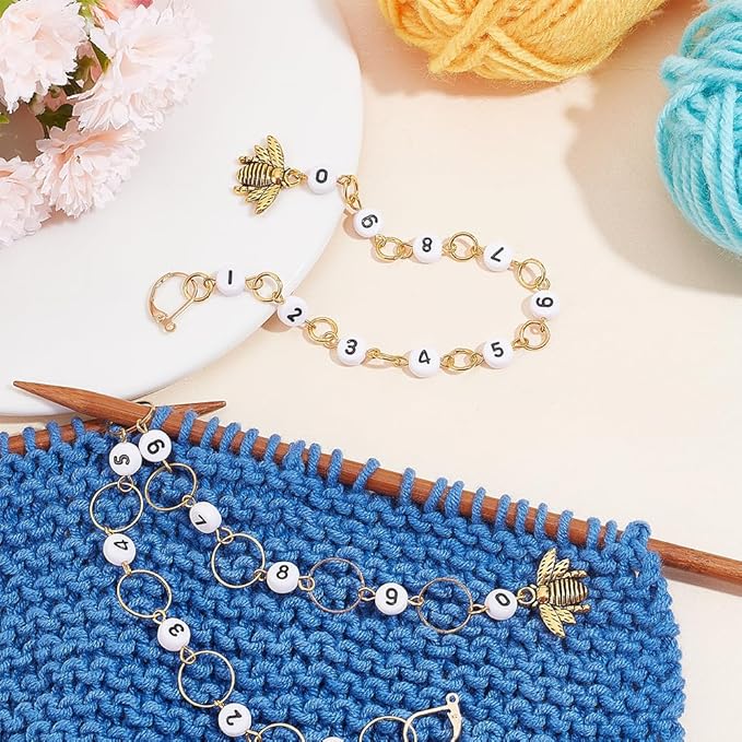 NBEADS 2 Pcs 2 Styles Bees Charm Knitting Row Counter Chains, 0~9 Number Stitch Markers Acrylic Beads Crochet Stitch Marker Charms for Knitting Weaving Sewing Quilting Handmade Jewelry