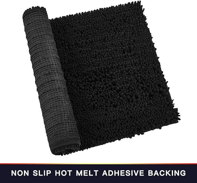 Walensee Large Bathroom Rug Non Slip Bath Mat (72x24 Inch Black) Water Absorbent Super Soft Shaggy Chenille Machine Washable Dry Extra Thick Perfect Absorbant Best Plush Carpet for Shower Floor