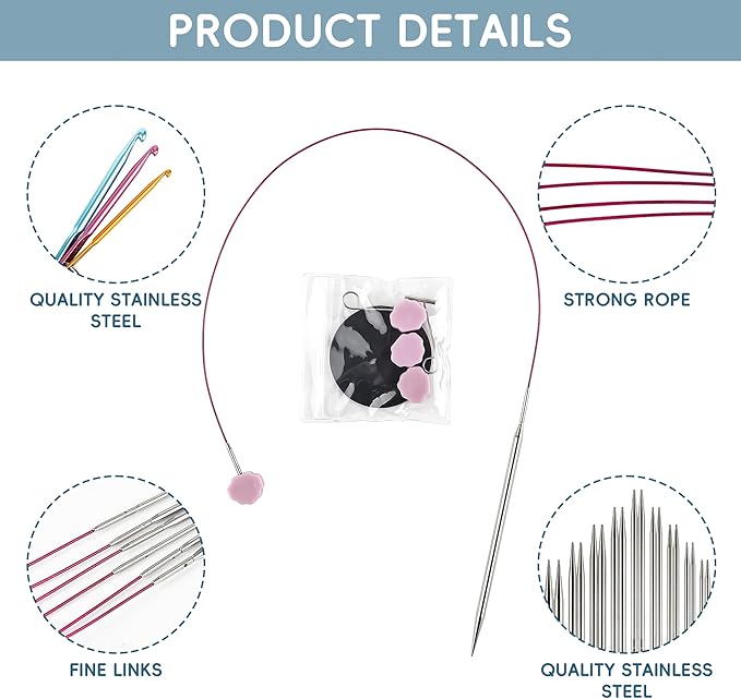 Froggod 4.5-Inch Aluminum Lace Interchangeable Circular Knitting Needle Set, Sizes US 1, 1.5, 2, 2.5, 4, 5, 6, 7 Interchangeable Knitting Needles Lace-Tip with 4 Assorted Cables with Project Bag