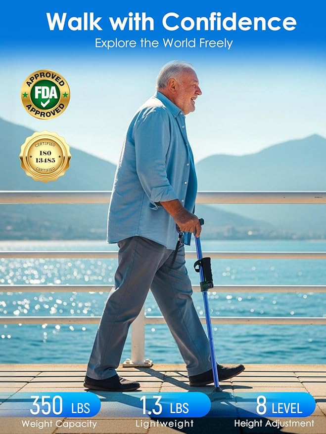 Adjustable Walking Cane for Women & Men for Stability, Self Standing Cane with Second Handle for Standing, 350lbs Heavy Duty Foldable Collapsible Folding Cane, Walking Sticks for Seniors & Adult