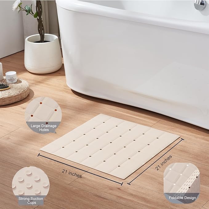 Anti Slip Shower Mat for Tub & Shower Stall, 21" x 21" Square Silicone Bathtub Mat with Powerful Suction Cups, Fast-Draining, Machine Washable Soft Foldable Bathroom Mat, Beige