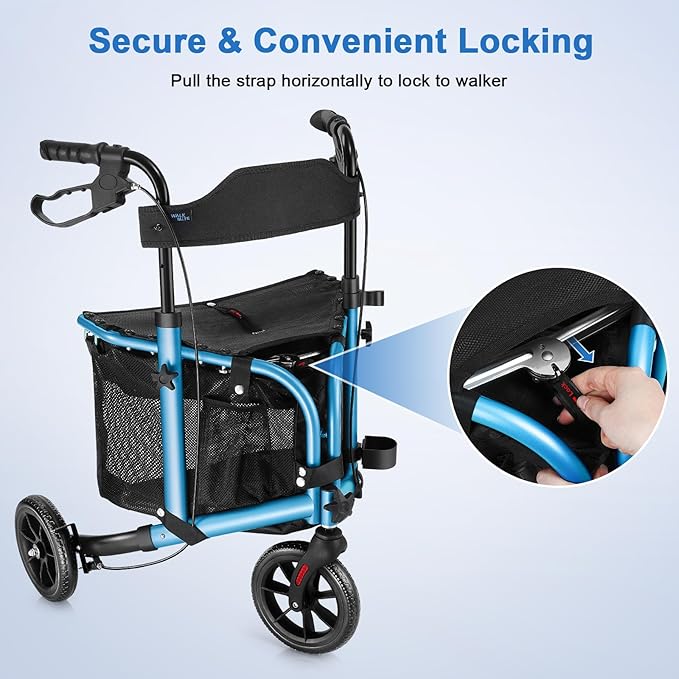 WALK MATE 3 Wheel Rollator Walker with Seat for Slim Seniors, Padded Backrest Lightweight Foldable Walker Ideal for Elderly, 8 Inch Tri-Wheel Modern Mobility Walking Aid Aluminum, Blue