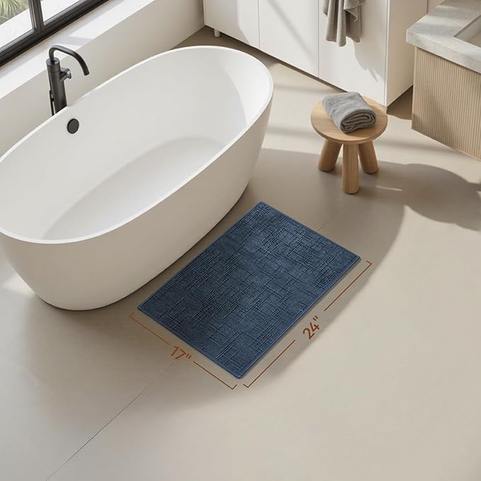 AMOAMI Bath Mat Non Slip Super Absorbent Quick Dry Bath Mats for Bathroom Floor Rubber Backing Washable Bathroom Rugs Modern Woven Jacquard Mat, Beside Tub Bath Rugs, 17" x 24", Blue