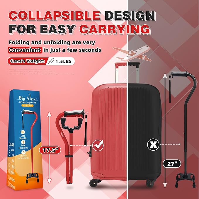 BigAlex Quad Cane, Foldable Adjustable Walking Cane for Men & Women with Stable 4-Pronged Base for Extra Stability & Balance, Heavy Duty, Lightweight, Soft Offset Handle Stick for Seniors & Elderly