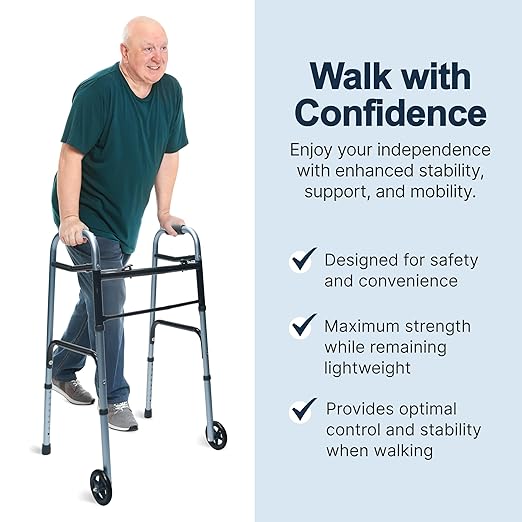 Lumex ColorSelect Walkers for Seniors, Rolling & Folding Adult Walker with Wheels, Blue