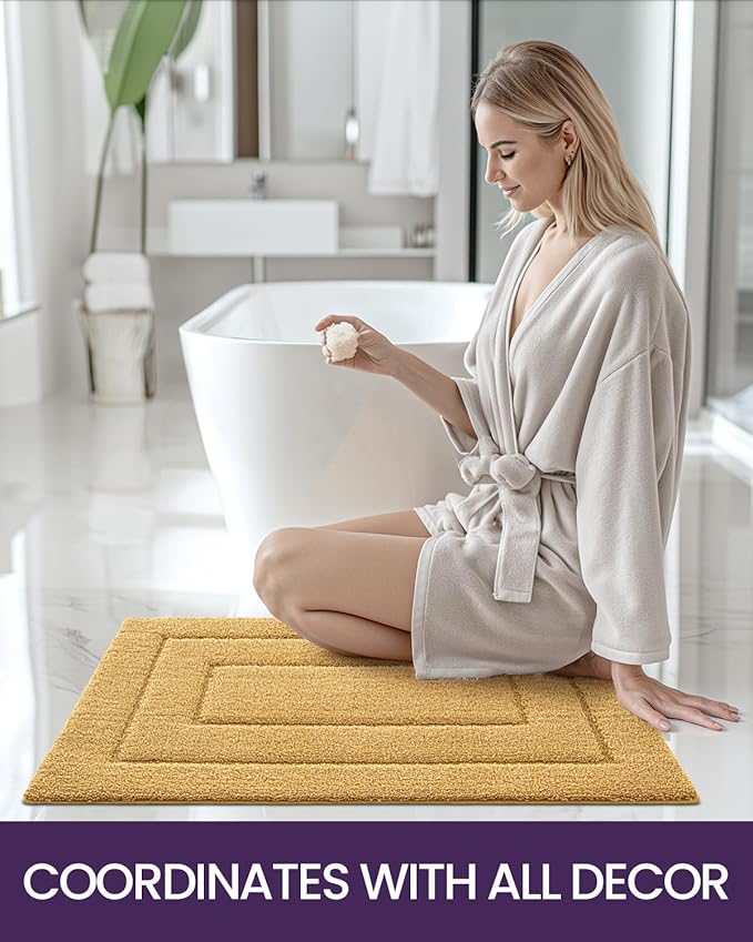 DEXI Bathroom Rug 24x16, Non Slip Washable Bath Mat for Shower Floor, Absorbent Soft Bathmat with Rubber Backing, Quick Dry Microfiber Carpet, Yellow