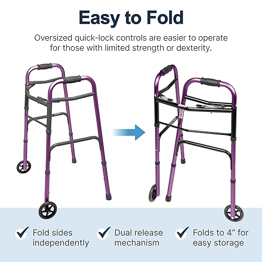 Lumex ColorSelect Walkers for Seniors, Rolling & Folding Adult Walker with Wheels, Plum