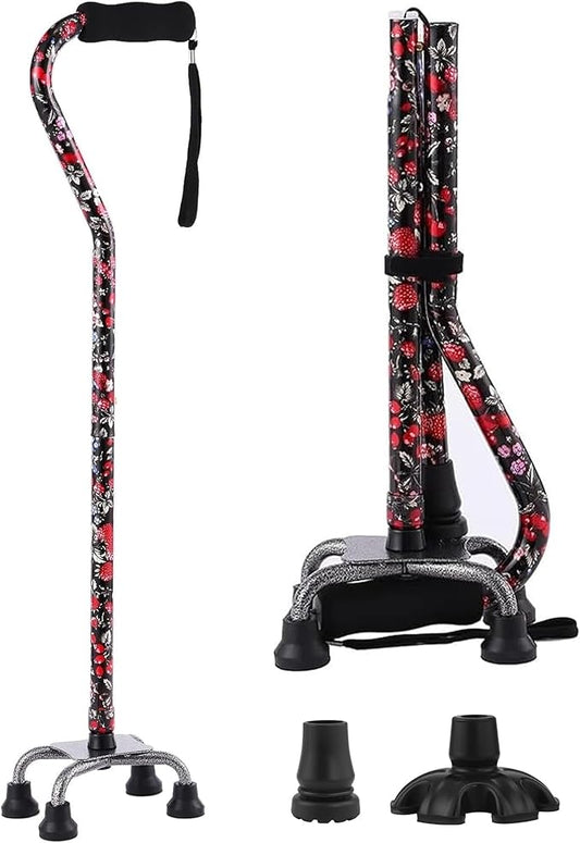 Walking Cane for Women & Men, Adjustable Quad Cane with 4-Prong Base for Stability and Balance, Folding Aluminum Walking Stick for Seniors