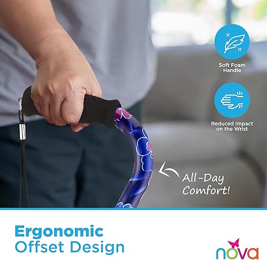 Nova Joy Designer Offset Quad Cane for Seniors - Unisex Adjustable Lightweight Walking Aid with Foam Handle, Wrist Strap and Anti-Rattle Lock - Essential Mobility Support - Maui Flowers