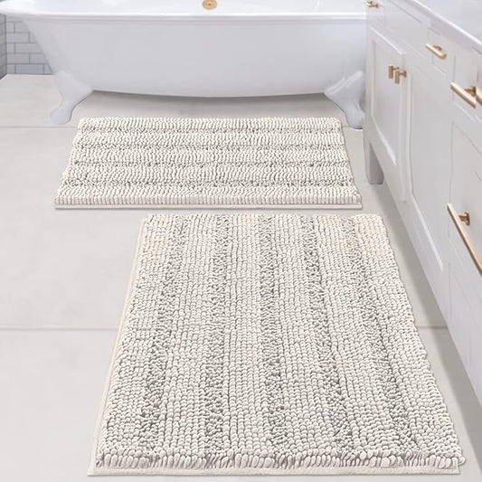 H.VERSAILTEX 2 Piece Bathroom Set - Super Absorbent Chenille Striped Bath Mats, Non Skid, Machine Washable (Ivory, 24 x 36 Plus 20 x 32 - Inches)