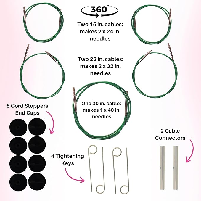 Lykke Grove 5 in. Complete Set US Sizes US 3, 4, 5, 6, 7, 8, 9, 10, 10.5, 11, 13, 15 Interchangeable Circ. Knitting Needles for DK, Worsted, Chunky Yarns, Bamboo, 5 Cords, Green BW Case, Project Bag