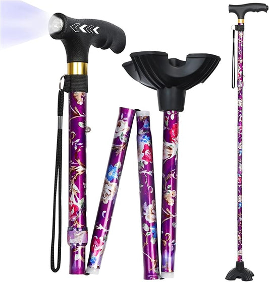 Walking Cane with LED Light, Foldable,Adjustable, Self Standing Walking Canes for Men & Women,Walking Sticks with Quad Base for Seniors & Adults