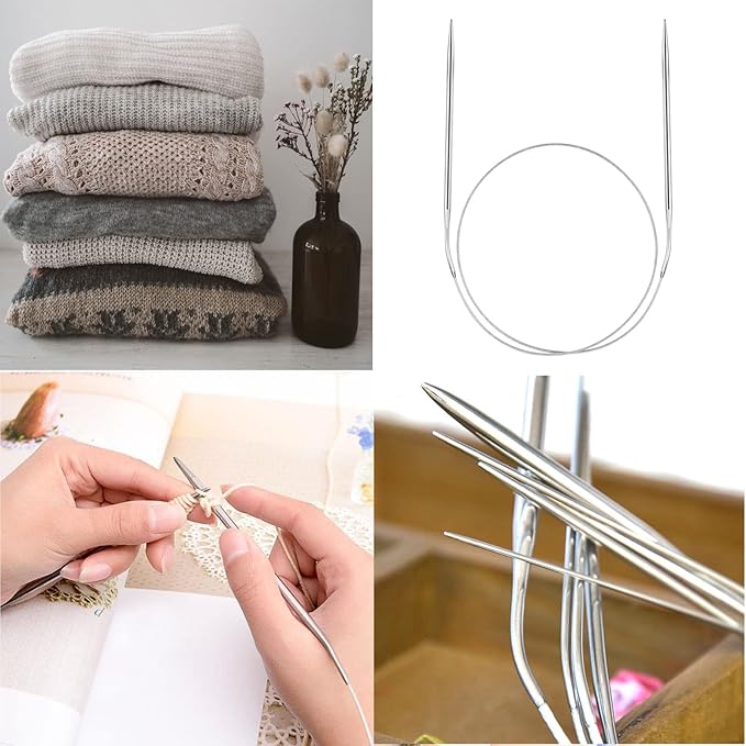 Circular Knitting Needles Set, Stainless Steel Round Knitting Needles 32 Inch, 11 Pack Sizes 1.5-5mm Beginners Metal Knitting Needles with Magic Loop for Sweaters, Socks, Blanket and Scarves
