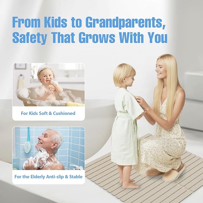 Shower Mat Non-Slip Bath Mat for Tub and Shower Stall,200+ Suction Cups with Drain Holes, Quick Dry Machine Washable, Extra Grip for Elderly and Baby, Bathroom Essentials 24x24 Inch (Light Brown)