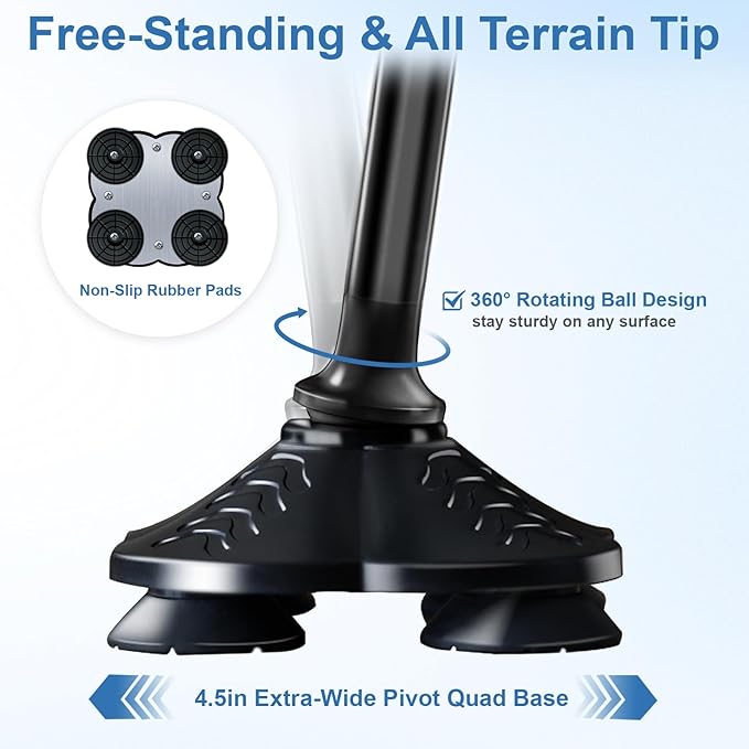 KingPavonini Walking Cane for Men Women Stability, Free Standing Foldable Cane, Ergonomic Handle Pivoting Quad Base, Heavy Duty 350 LBs, Adjustable Walking Canes for Seniors Balance with Travel Bag