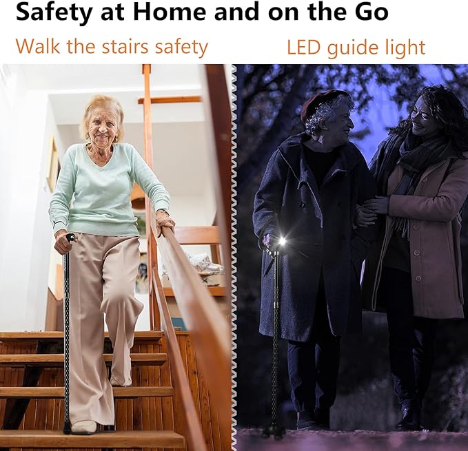 Folding Walking Cane with LED Light for Women & Men - Foldable, Adjustable, Collapsible Lightweight Aluminum Walking Stick for Seniors & Adults