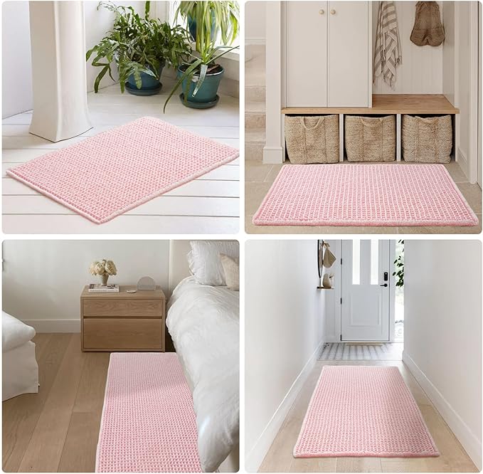 Light Peachy Pink Bathroom Rugs, Waffle Bath Mat Non Slip Washable Quick Dry Cute Bath Mat Boho Farmhouse Bathroom Decor, 24"x16" Light Peachy Pink