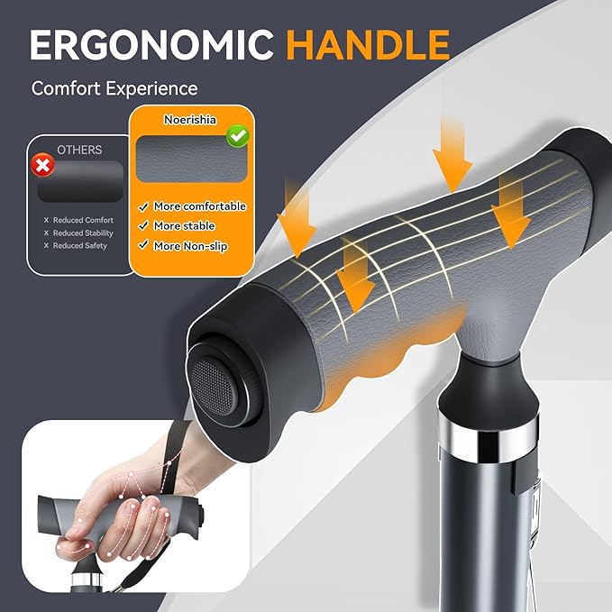 Walking Cane with LED Light for Seniors Men Women, Adjustable Folding Canes for Elderly, Ergonomic Handle & All Terrain Shock Absorbing Base, Walking Sticks for Indoor Outdoor Travel Hiking Support