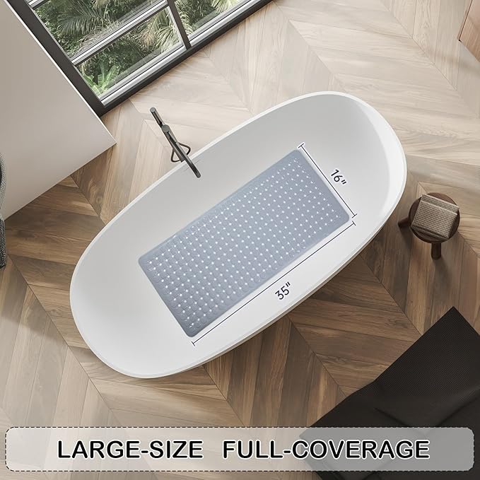 Linoows Non-Slip Bathtub and Shower Mats, Power Grip Bath Mat 35 x 16.3 Inch with Suction Cups and Drain Holes for Tub Bathroom Floor Safety, Machine Washable Soft Bathmat, Gray