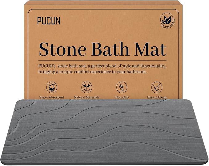 Stone Bath Mat Diatomaceous Earth Non-Slip Shower Mat,Quick Drying Diatomite Bath Stone Mat for Bathroom Floor -Super Absorbent,Natural, Easy to Clean(24×16" Grey)