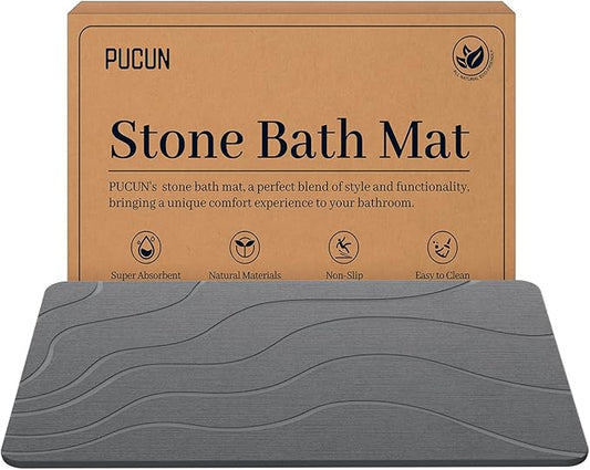 Stone Bath Mat Diatomaceous Earth Non-Slip Shower Mat,Quick Drying Diatomite Bath Stone Mat for Bathroom Floor -Super Absorbent,Natural, Easy to Clean(24×16" Grey)