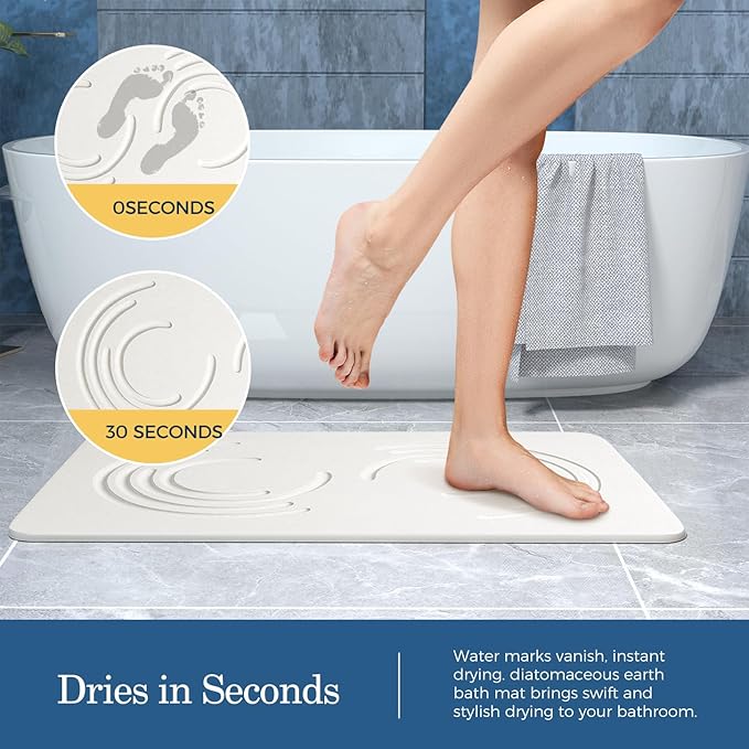 Stone Bath Mat Diatomaceous Earth Shower Mat,Quick Drying Diatomite Bath Stone Mat for Bathroom Floor -Super Absorbent,Natural, Easy to Clean(White)