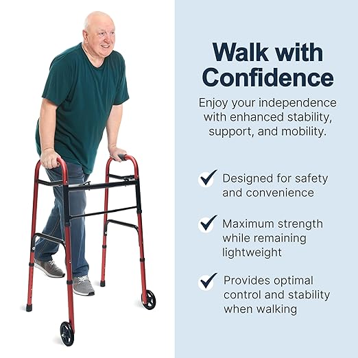 Lumex ColorSelect Walker, Lightweight & Folding 2-Wheel Walker for Adults & Seniors, Red
