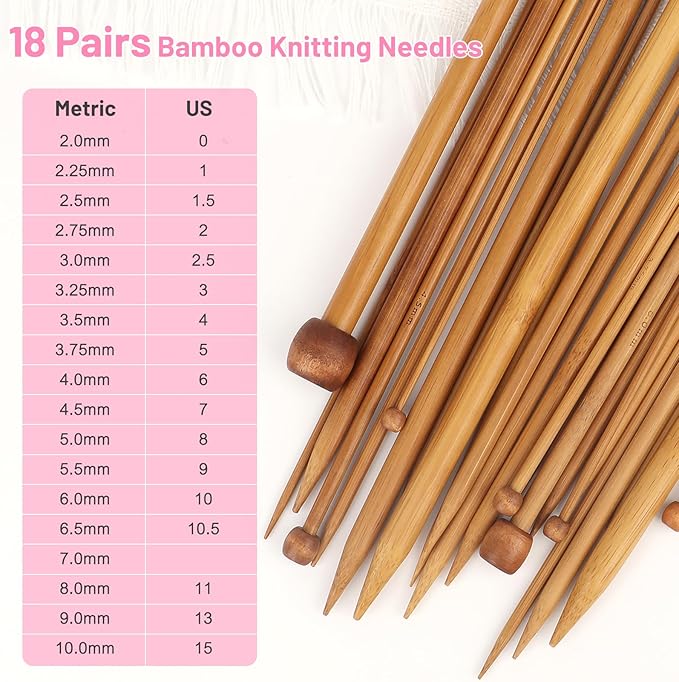 Aeelike 18 Pairs Bamboo Knitting Needles Set - 14 Inches Wooden Knitting Needles Single Point with Flower Roll Bag - Portable Knittings Needle Set for Beginners (2mm - 10mm)