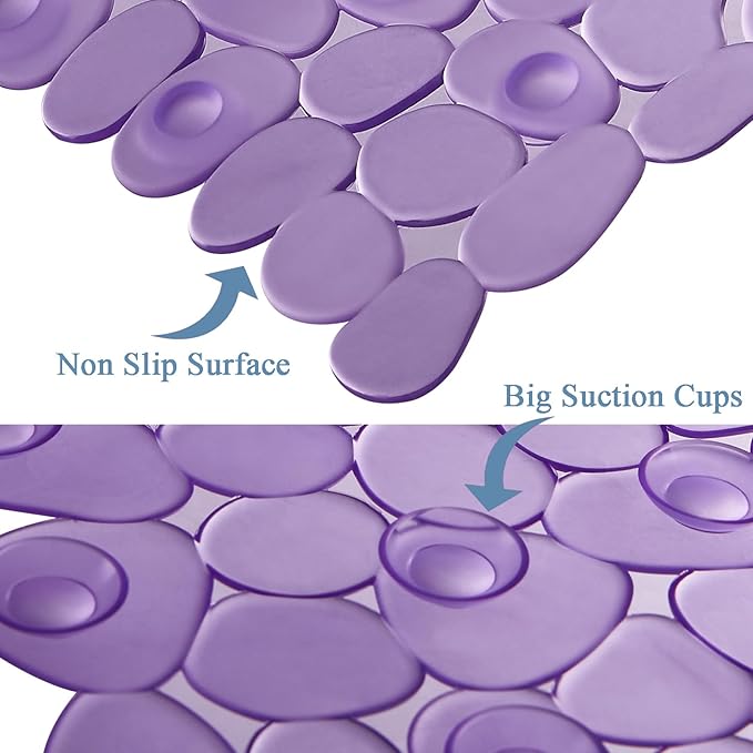 Bath Shower Mat Non Slip: Extra Large Pebble Bathtub mat for Families, Anti Slip Shower Matt with Drain Holes Suction Cups Tub Mat - 16 X 40 Inch Clear Purple