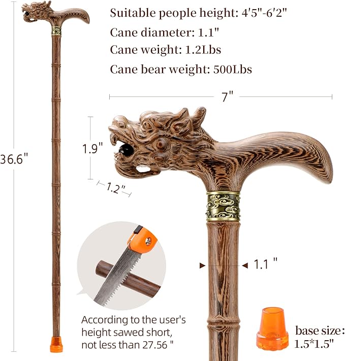 Wooden Cane, Hand Carved High-end Walking Cane for Men and Women, Lightweight Design Support Up to 500lbs Dragon Canes for Seniors, Suitable for Discerning Personal and Gift Use
