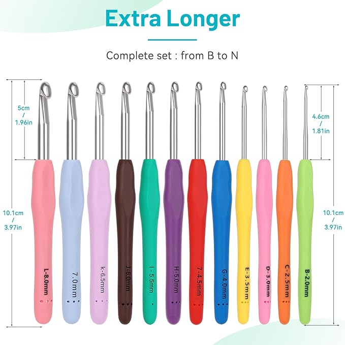 Coopay Crochet Hooks Set with Case, 12 Size Ergonomic Crochet Needles for Beginner Adult Arthritic Hands, 2mm(B)-8mm(L) Extra Long Knitting Hook for Crocheting Yarn- Great DIY Craft Christmas Gift