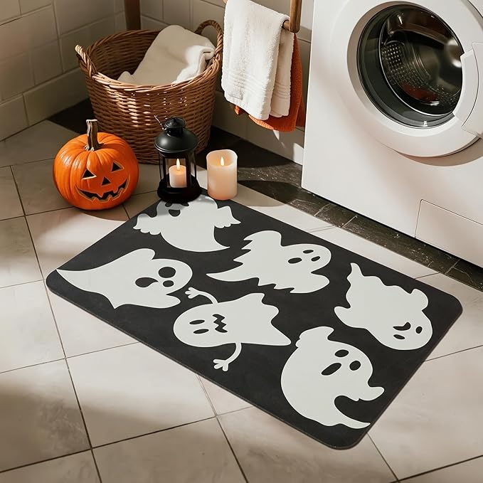 Halloween Bath Mat, Thin Halloween Bathroom Rug Non Slip Quick Dry Ghost Bath Mat Fits Under Door Thin Floor Mat Halloween Decor, 24''x36'', Ghosts Black