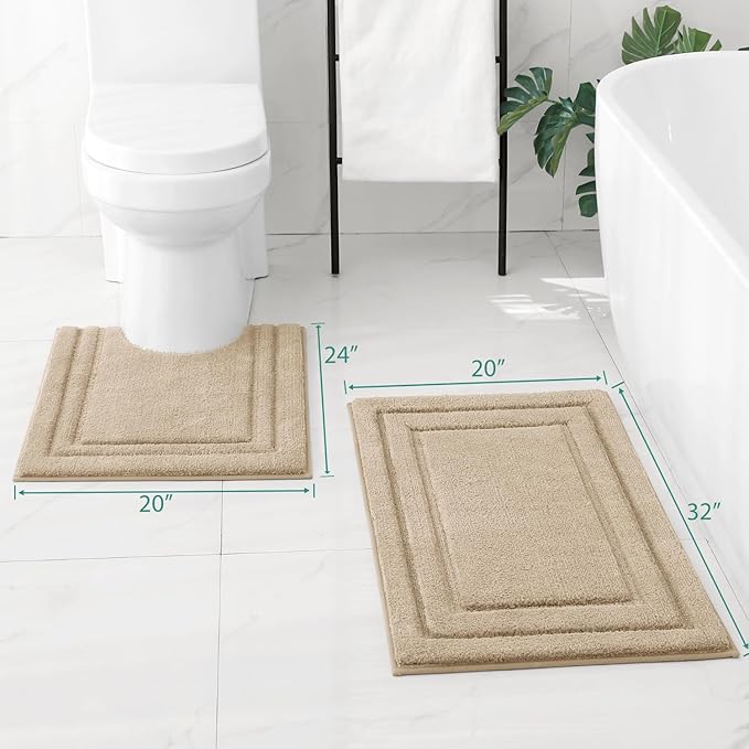 HOMEIDEAS Bathroom Rugs Sets 2 Piece, Super Soft and Absorbent Non Slip Microfiber U-Shaped Toilet Bath Mat Set (20"x32"+U20 x24, Beige)