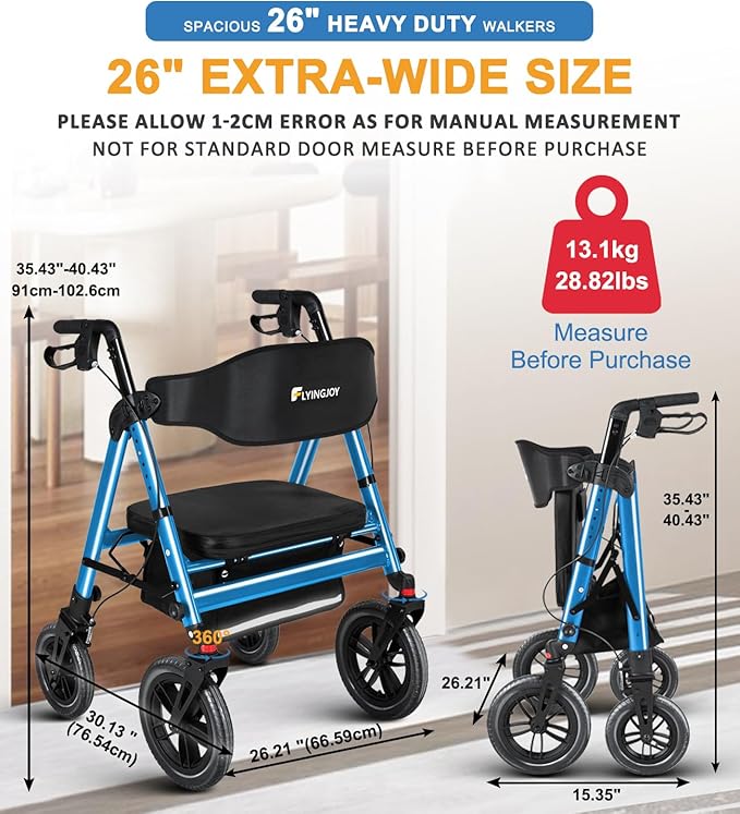 Rollator Walker with Seat,12" Front Wheels 10" Rear Rolling Walker, Extra-Wide Heavy-Duty Rollator Walker with Seat and Brakes for Seniors and Adults Bariatric with Large Aluminum (Blue)