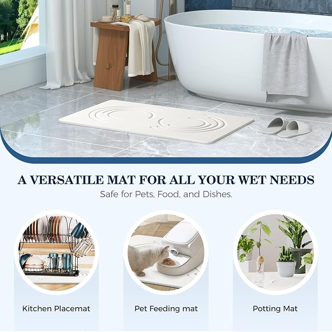 Stone Bath Mat Diatomaceous Earth Non-Slip Shower Mat with Marble-Pattern Surface, Diatomite Bath Stone Mat for Bathroom Floor -Super Absorbent, Easy to Clean (24 * 16 White)