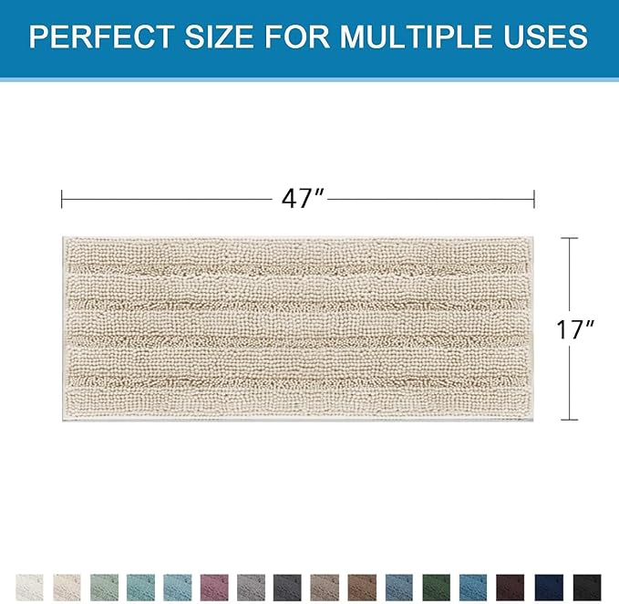 H.VERSAILTEX Bath Rugs for Bathroom Non Slip Bath Mats Thick Chenille Striped Bath Rug Runners 47" x 17" Absorbent Fluffy Soft Shaggy Mats Dry Fast Plush Area Carpet for Bath Room - Fog