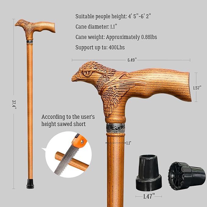 Hand Carved Wooden Walking Cane USA Made Eagle Carved Ergonomic Elegant Wood Canes for Men and Women Support up to 400 lbs Provide Stable Canes for Seniors for Daily Use and Gift Giving