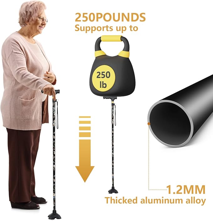 Walking Cane with LED Light, Foldable,Adjustable, Self Standing Walking Canes for Men & Women,Walking Sticks with Quad Base for Seniors & Adults