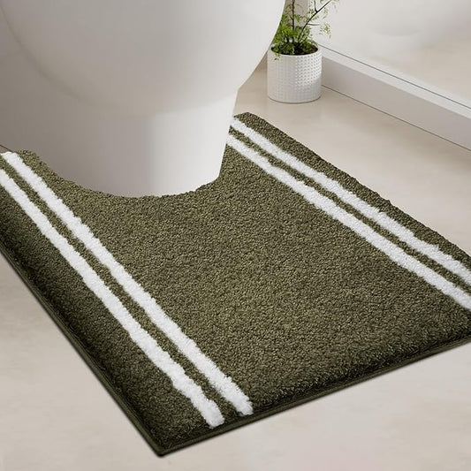 PURRUGS Bathroom Rug Non-Slip Machine Washable 20" x 24" U-Shaped, Super Absorbent and Quick Dry Shaggy Microfiber Bath Mat, Extra Soft and Plush Contour Rug for Toilet Base, Olive Green
