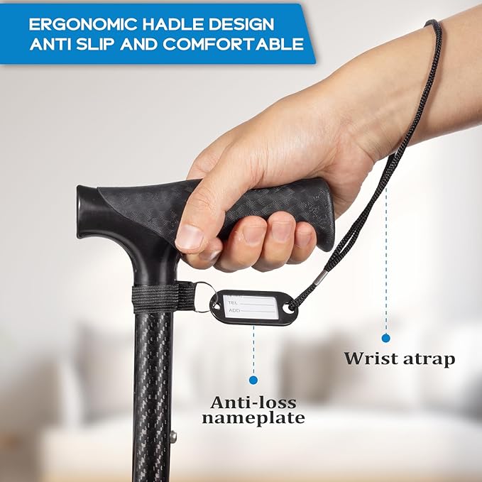 Folding Walking Quad Cane for Men and Women,Ultra Lightweight Sturdy Height Adjustable Nonslip Rubber Tips Free Standing Cane,Collapsible Walking Sticks for Seniors & Adults [Black]