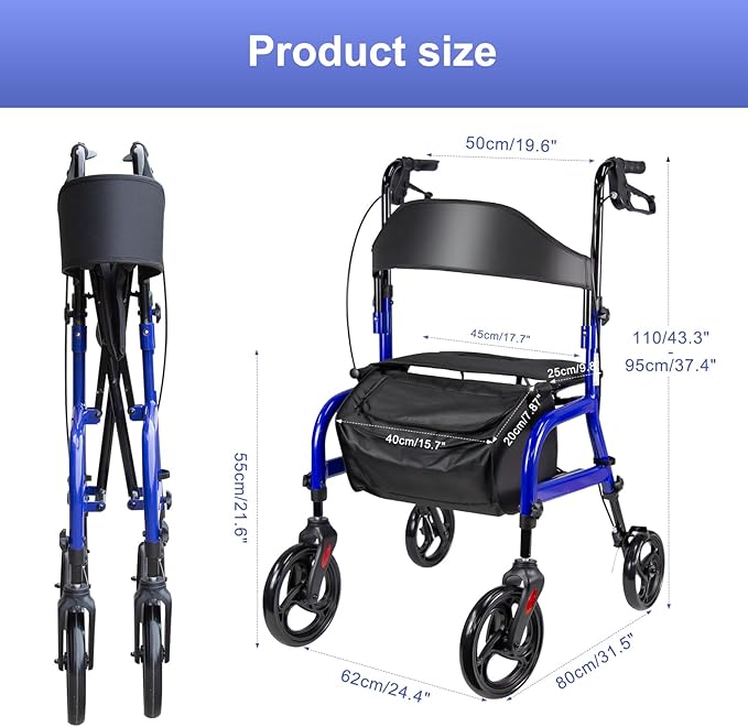 Rollator Walkers for Seniors, Foldable Rollator Walkers with Seat, 300 lbs Capacity Rolling Walker with Storage Bag, Adjustable Height, Lightweight Walker for Mobility Impaired, for Home/Travel (Blue)