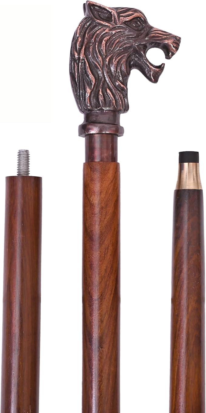 Handmade Vintage Walking Cane Wooden Walking Stick with Antique Wolf Head Handle Gift for Men & Women