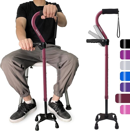 AOHHL Quad Walking Cane Foldable Adjustable Portable Stick Men & Women and Seniors - Lightweight & Sturdy with 4-Pronged Base for Extra Stability Balance,Self Standing Gifts for mom Dad