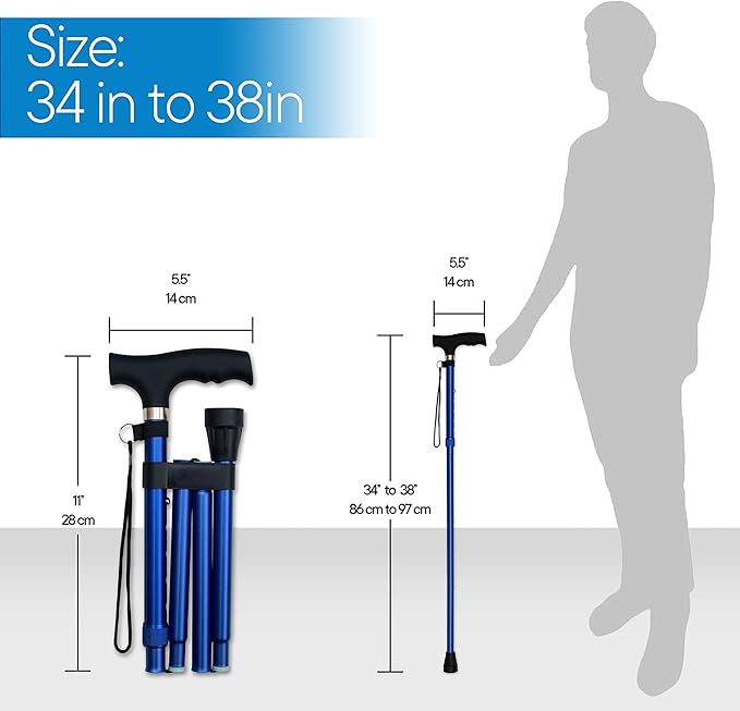 RMS Folding Cane - Foldable Walking Cane with Adjustable Height - Collapsible and Lightweight - Soft Ergonomic Handle for Comfortable Grip - Portable Walking Stick for Mobility Aid