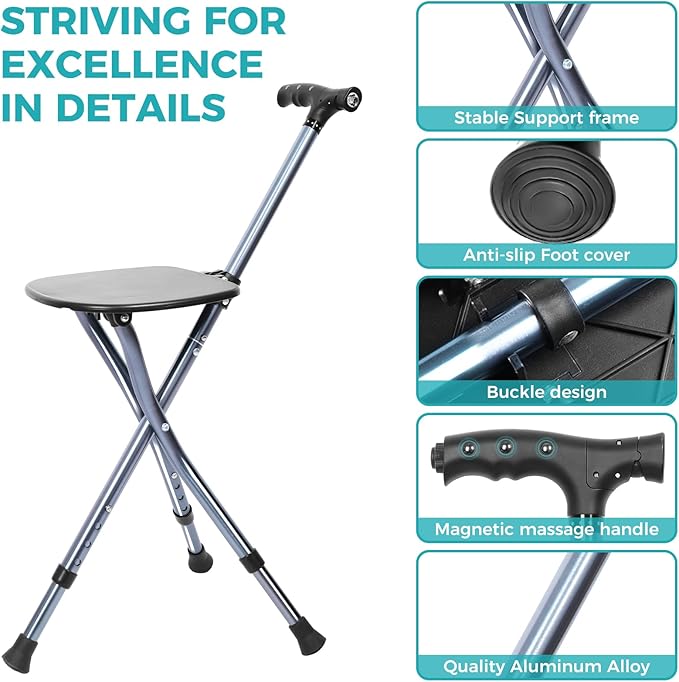 Portable Adjustable Folding Walking Cane with Seat and Cushion，Cane seat for Seniors with Magnetic Massage Handle, Lightweight Walking Cane with LED Light，Supports up to 330 Pounds
