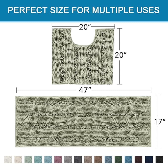 H.VERSAILTEX Bathroom Rug Sets 2 Piece Bath Mats Non Slip Thick Soft Chenille Striped Bath Rug achine Washable Shower Floor Rugs for Tub, Shower and Floor (Eucalyptus Green, 47"x17" Plus 20"x20" U)