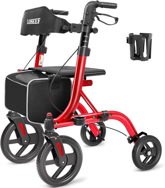 Rollator Walkers for Seniors, 10" Big Rubber Wheels All Terrain Rollator Walker with Adjustable Backrest and Handles, 350 Lbs, Cup Cane Holder, Foldable Lightweight Walker with Seat for Seniors Red