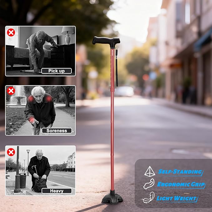 Walking Cane for Women, Extended Grip; Solid Base; Foldable; Adjustable Heights; Lightweight; Free Standing; Portable Canes for Men for Stability (Red)