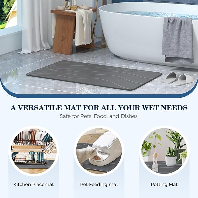 Stone Bath Mat Diatomaceous Earth Non-Slip Shower Mat,Quick Drying Diatomite Bath Stone Mat for Bathroom Floor -Super Absorbent,Natural, Easy to Clean(24×16" Grey)